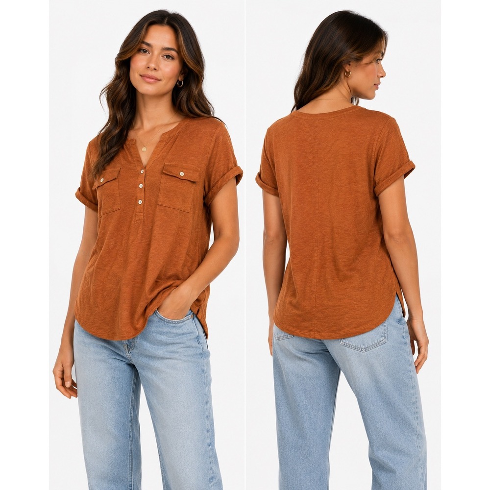 J. Jill Linen Blend Tunic Women Small Burnt Orange Button Henley Boho Top